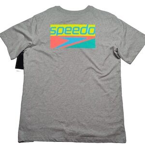 SPEEDO Men XL Heather Gray Double Sided Graphic Pocket T-Shirt NEW